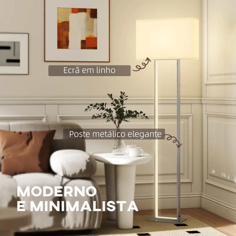HOMCOM Candeeiro de Pé Moderno com Ecrã de Tecido Luz Noturna Interruptor de Pé e Base Metálica 45x15x150 cm Branco