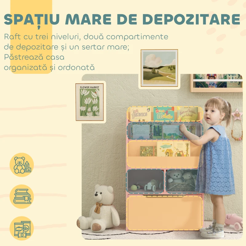 HOMCOM Bibliotecă pentru Copii cu Rafturi, Sertar și Roți, Raft pentru Jucării și Cărți, 60x29.9x90 cm, Roz