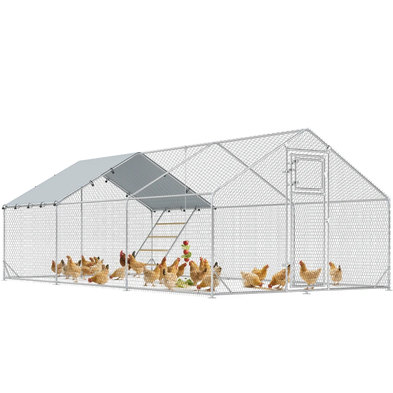 PawHut Gallinero Metálico de Exterior de 3x6m con Percha Multiusos Comedero Colgante Tipo Brocheta y Lona Protectora Resistente