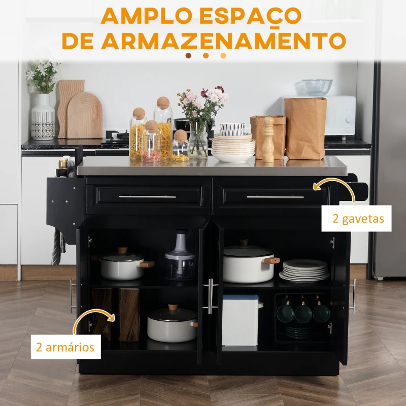 HOMCOM Ilha de Cozinha com Rodas Bancada de Aço Inoxidável 2 Gavetas 4 Portas e 2 Prateleiras Ajustáveis 145x45x93 cm Preto