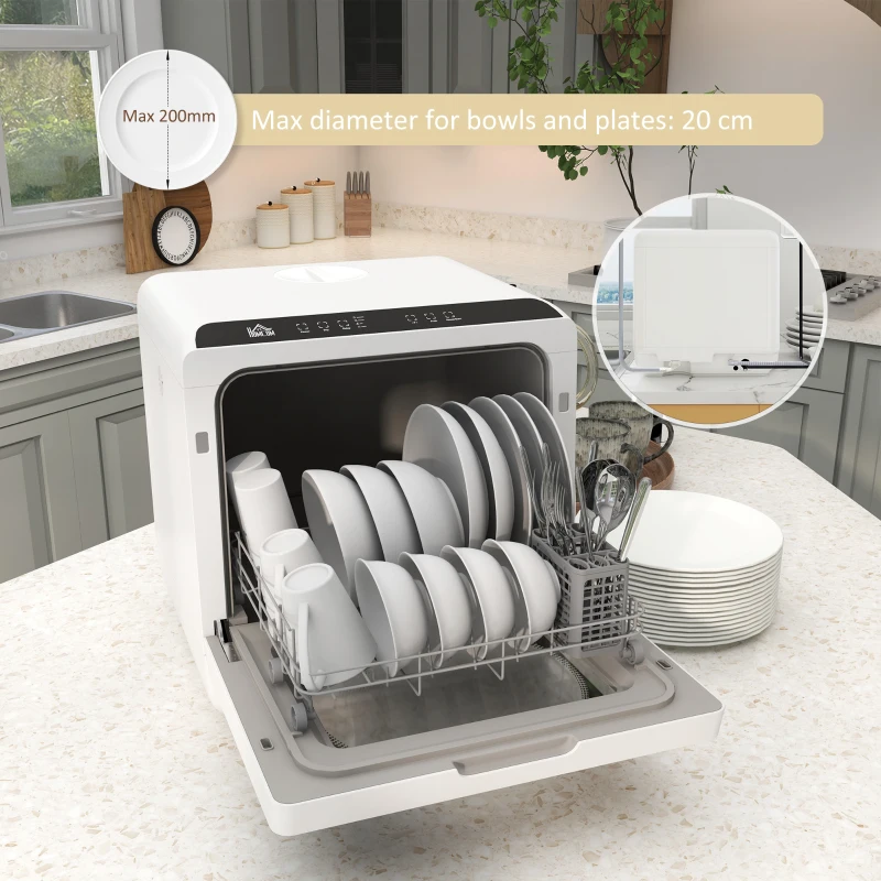 HOMCOM Máquina de Lavar Loiça de Bancada Máquina de Lavar Loiça Pequena com 5+1 Programas Depósito de Água de 6L 45x44x45,8 cm Branco