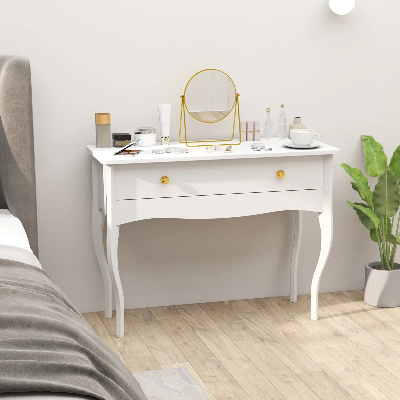 HOMCOM Masă de Toaletă Elegantă cu Sertar Spațios din Lemn Alb 100x40x74 cm