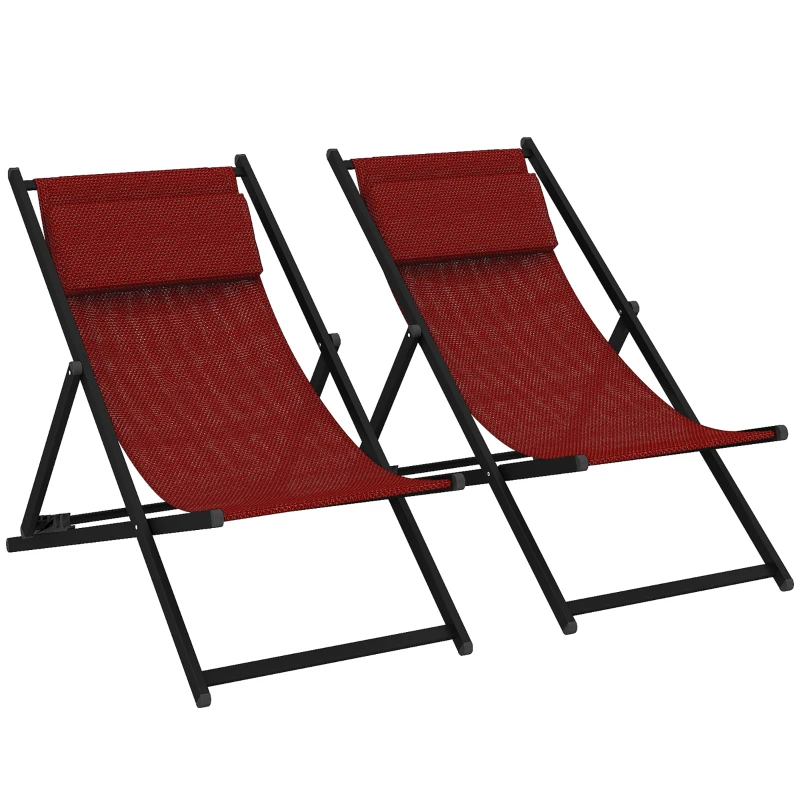 Outsunny Conjunto de 2 Tumbonas Plegables con Respaldo Regulable y Reposacabezas Acolchado 58x96,5x91,5 cm Rojo Vino