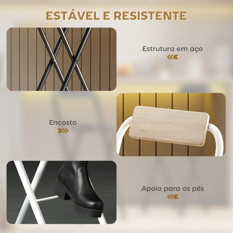 HOMCOM Conjunto de 2 Bancos de Bar Dobráveis Bancos Altos de Cozinha com Encosto Apoio para os Pés 37x45x87 cm Madeira