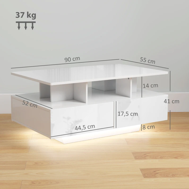 HOMCOM Mesa de Centro Moderna com LED 4 Gavetas Prateleira Aberta e Luzes LED de 16 Cores 90x55x41 cm Branco Brilhante