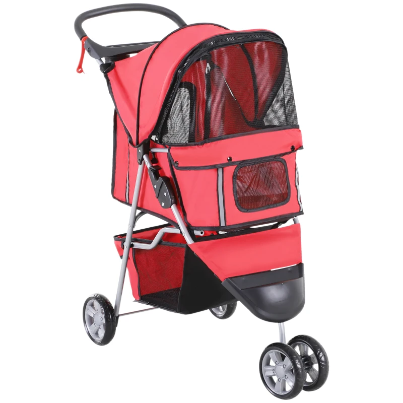 PawHut Carrito para Perros Pequeños con Cesta de Almacenaje Ventanas de Malla y 2 Ruedas Universales 75x45x97 cm Rojo
