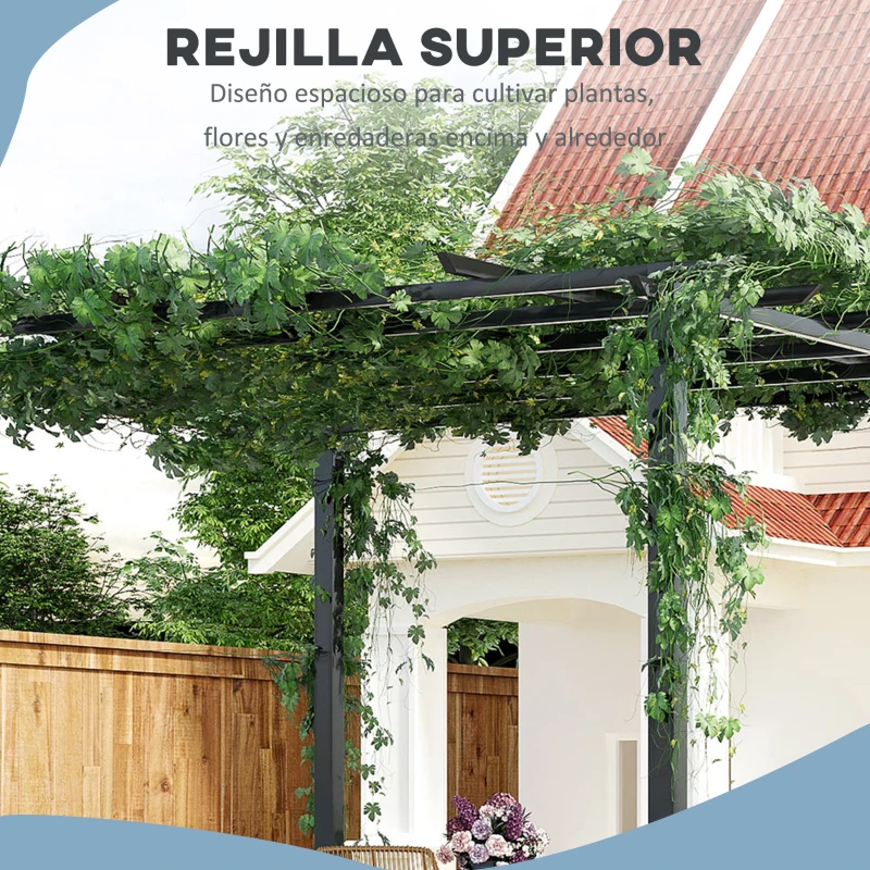 Outsunny Pérgola para Jardín Soporte para Enredaderas 3x3x2,3m Pérgola de Flores de Hierro Pérgola para Enredaderas Color Negro
