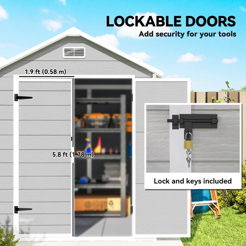Outsunny 6 x 5ft Garden Shed, Plastic Shed with Floor, Window, Lockable Doors and Vents, Wood Effect Resin Tool Shed for Outdoor Patio, Light Grey