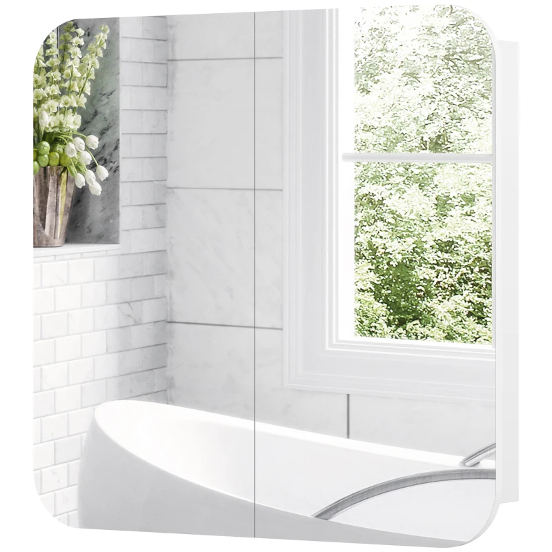 HOMCOM Armadio da Bagno con Specchio Design con Bordi Curvi 2 Porte Mensole Regolabili 68x13x66 cm Bianco