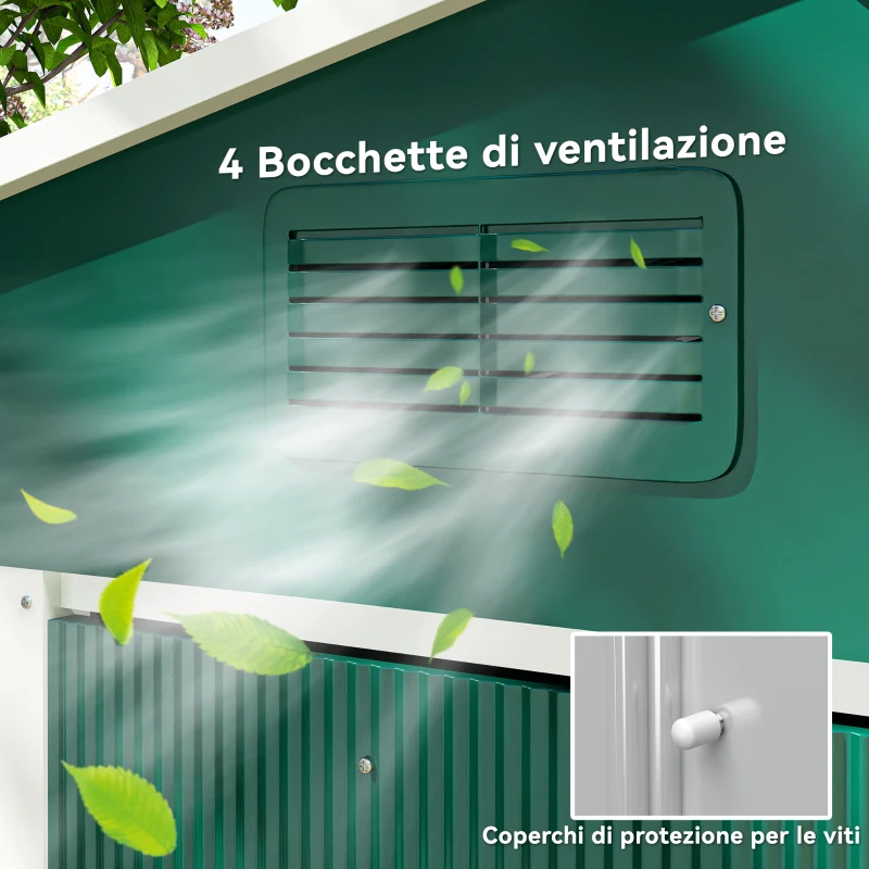 Outsunny Casetta da Giardino 3.6m² in Lamiera di Acciaio con 2 Porte Scorrevoli e 4 Prese d'Aria, 236x174x190 cm, Verde