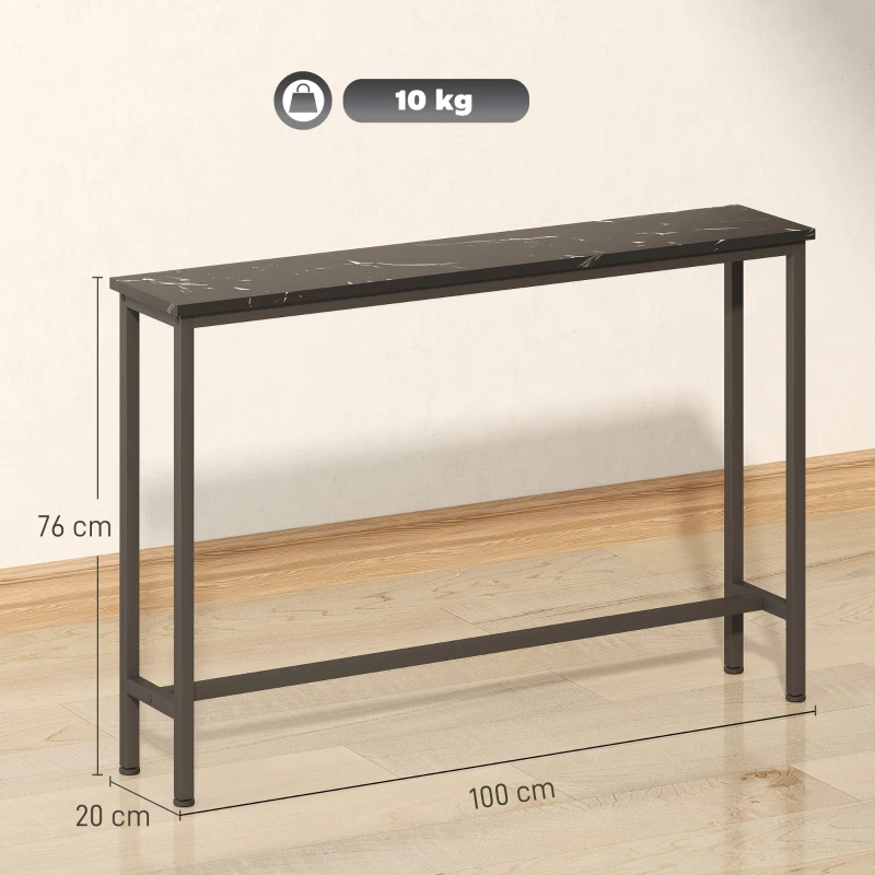 HOMCOM Mesa Consola Moderna Consola de Entrada Estreita com Superfície com Efeito Mármore e Estrutura de Metal 100x20x66 cm Preto