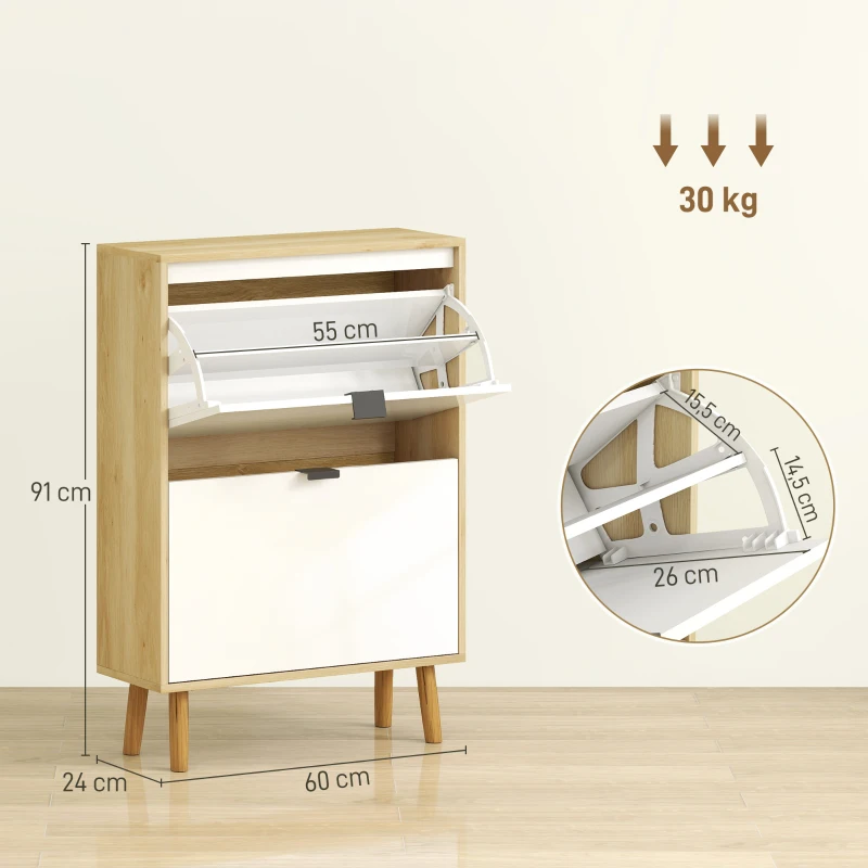 HOMCOM Zapatero Estrecho con 2 Puertas en Blanco Brillo Estantes Ajustables Patas de Madera para 12 Pares de Zapatos