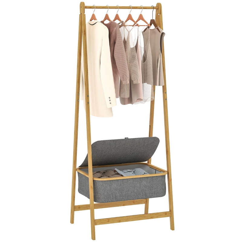 HOMCOM Stender per Abiti Pieghevole in Bambù con Cesto di Stoffa con Coperchio per Ingresso Camera da Letto 60x44,5x157,5 cm Grigio