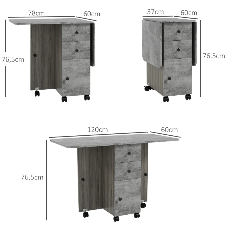 HOMCOM Mesa Plegable de Comedor con Ruedas Alas Abatibles 2 Cajones y Armario Hasta 6 Personas 120x60x76,5 cm Gris