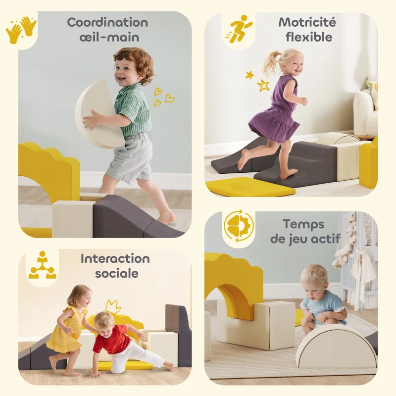 AIYAPLAY Parcours motricité bébé blocs mousse éducatifs modulable 7 pièces avec housse lavable en velours sécurité renforcé jaune(m-6)