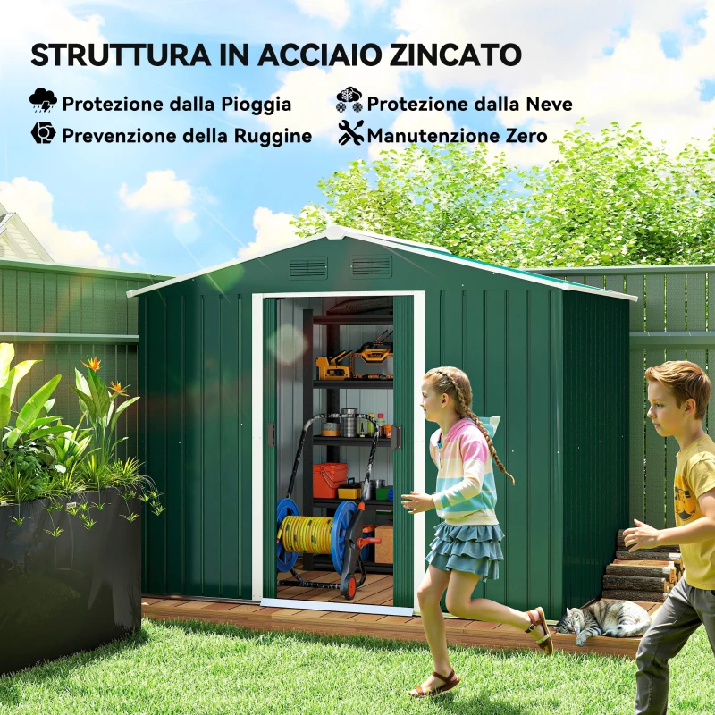 Outsunny Casetta da Giardino 3.6m² in Lamiera di Acciaio con 2 Porte Scorrevoli e 4 Prese d'Aria, 236x174x190 cm, Verde