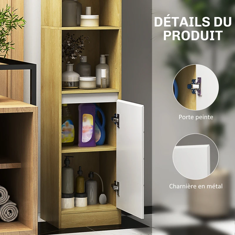 HOMCOM Meuble colonne rangement salle de bain style cosy 30 x 24 x 170 cm 2 portes étagère 2 niches chêne clair blanc