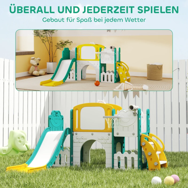 AIYAPLAY 7-in-1 Rutschenset für Kleinkinder, Basketballkorb, Froschdesign, Klettergerüst, Schaukelsitz, für drinnen und draußen, Gelb+Grün(m-8)