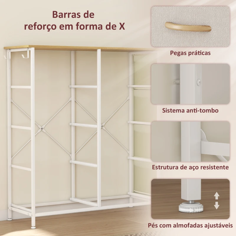 HOMCOM Cómoda Alta de Tecido com 8 Gavetas 4 Bolsos Laterais 2 Ganchos e Estrutura de Aço 86x30x94,5 cm Bege