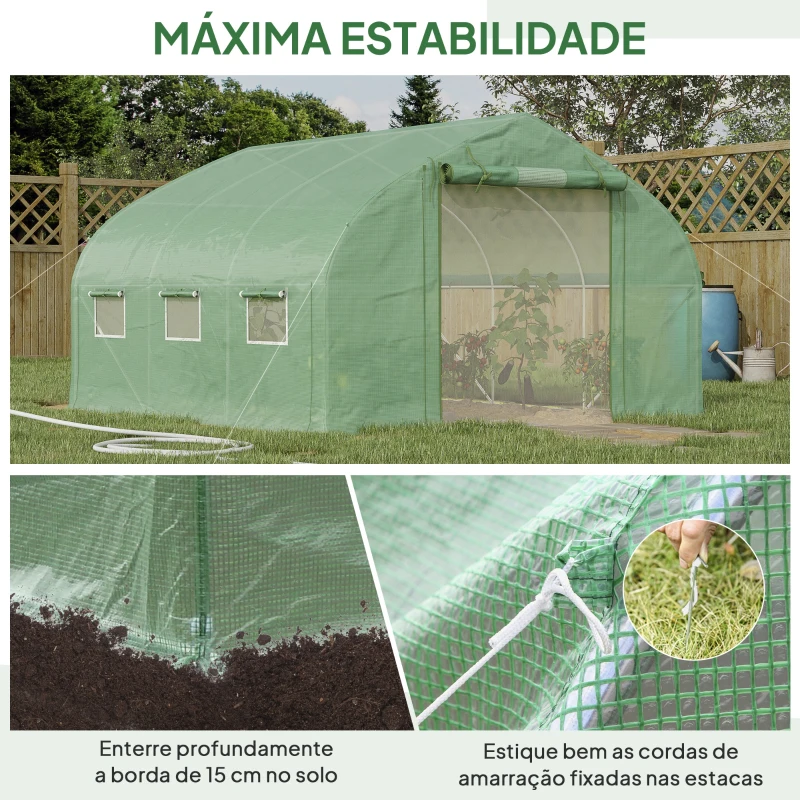 Outsunny Estufa Tipo Túnel 347x300x200 cm Estufa de Jardim com Porta Enrolável 6 Janelas Cobertura PE 140g/m²  Verde