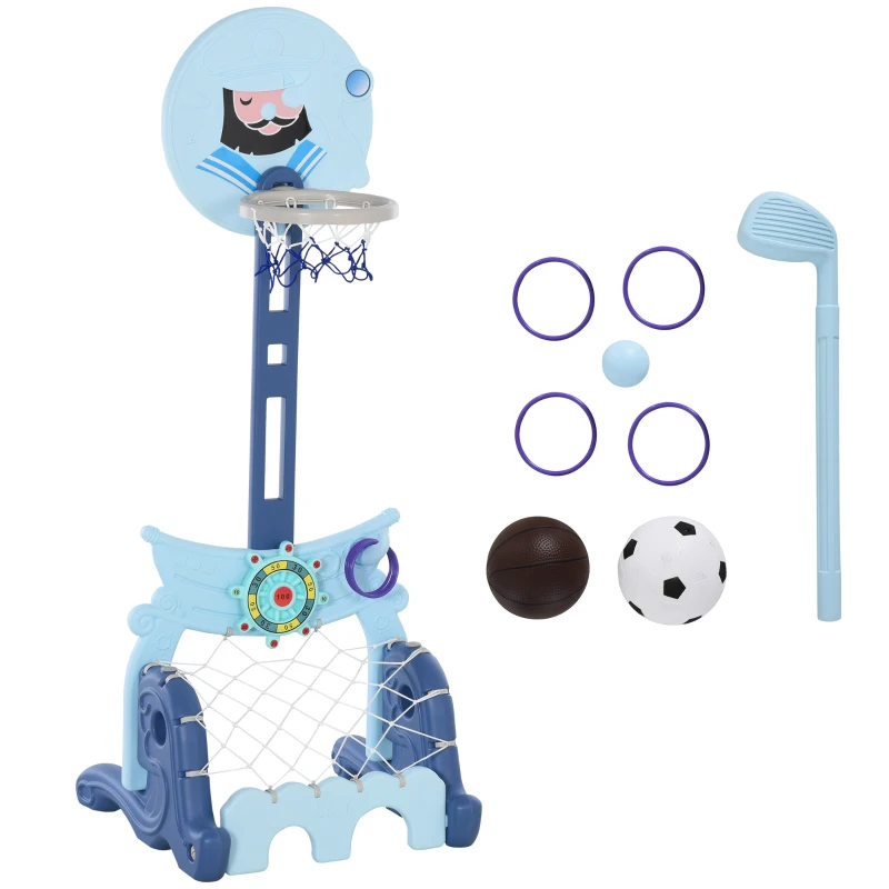 HOMCOM Panier de Basket pour Enfants but de foot hockey jeu d'adresse 4 en 1 Hauteur Réglable HDPE Bleu