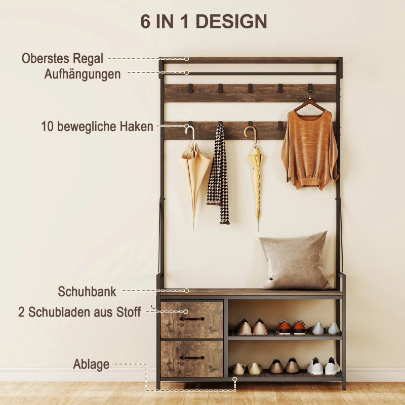 HOMCOM 6-in-1 Kapstok met Schoenenbank en Schoenenrek, Industrieel Ontwerp, 10 Haken, 2 Stoffen Laden, Metaal, Bruin(m-4)