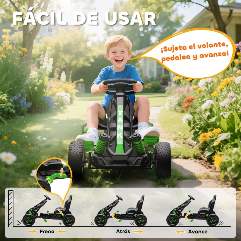 AIYAPLAY Kart Pedales para Niños de +3 Años con Embrague Automático Freno Ruedas Antideslizantes de EVA y Marco Metálico Verde