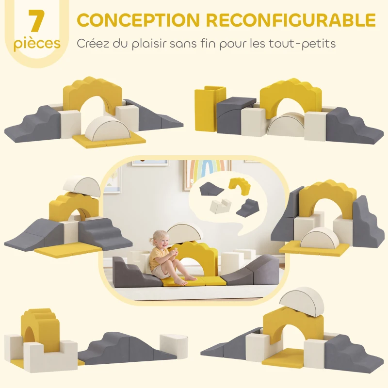 AIYAPLAY Parcours motricité bébé blocs mousse éducatifs modulable 7 pièces avec housse lavable en velours sécurité renforcé jaune(m-4)