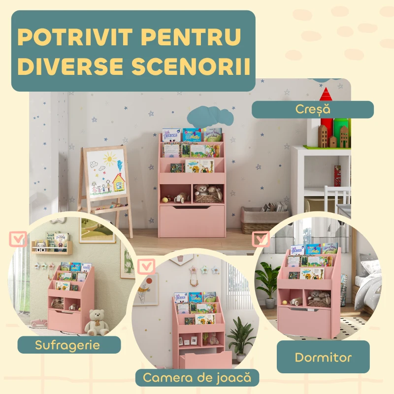 HOMCOM Bibliotecă pentru Copii cu Rafturi, Sertar și Roți, Raft pentru Jucării și Cărți, 60x29.9x90 cm, Roz