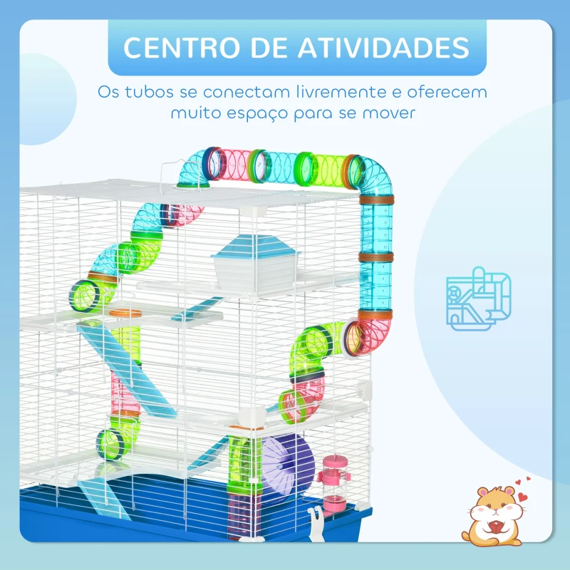 PawHut Gaiola para Hámster Grande 59x36x69 cm com 4 Plataformas Tubos Comedouro Bebedouro 4 Rampas Roda de Exercícios  Multicor