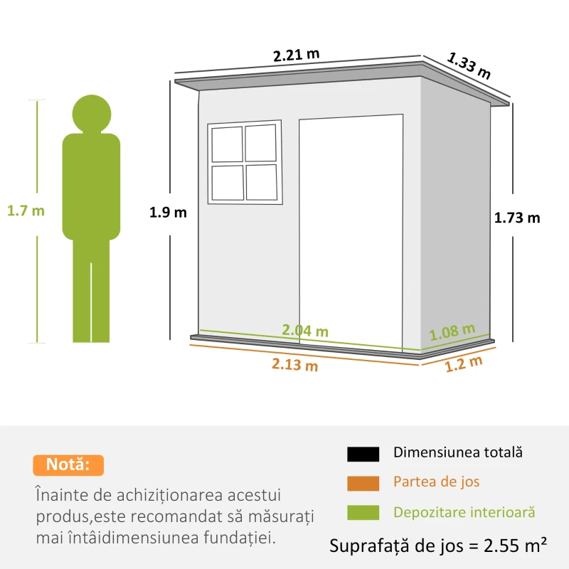 Outsunny Căsuță de Grădină pentru Unelte cu Ușă Batantă și Acoperiș Înclinat, 221x133x190 cm, Gri Închis(m-3)