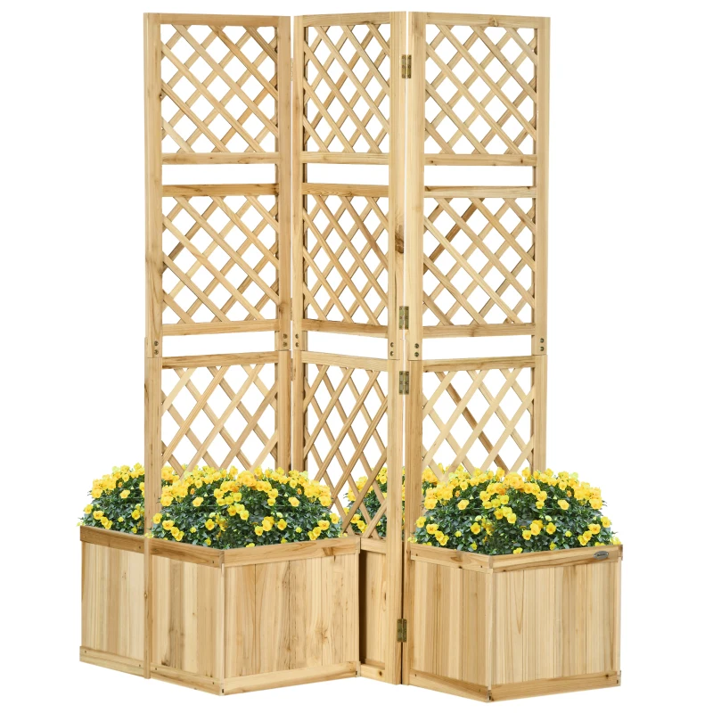 Outsunny Biombo Exterior de 3 Paneles de Madera con 4 Jardineras Separador de Ambientes 133x62x165 cm Natural