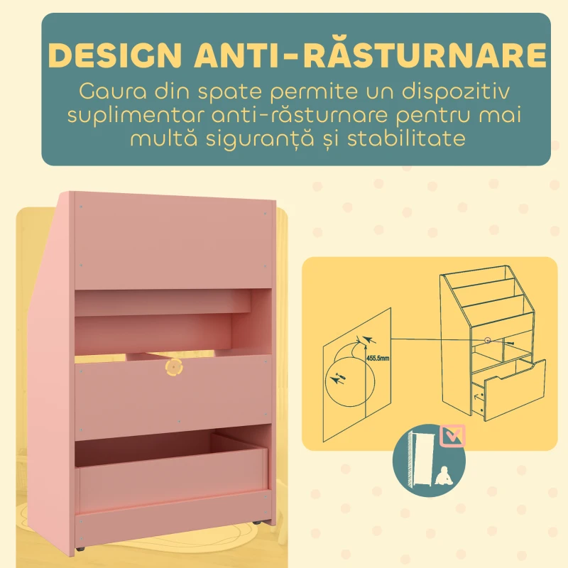 HOMCOM Bibliotecă pentru Copii cu Rafturi, Sertar și Roți, Raft pentru Jucării și Cărți, 60x29.9x90 cm, Roz
