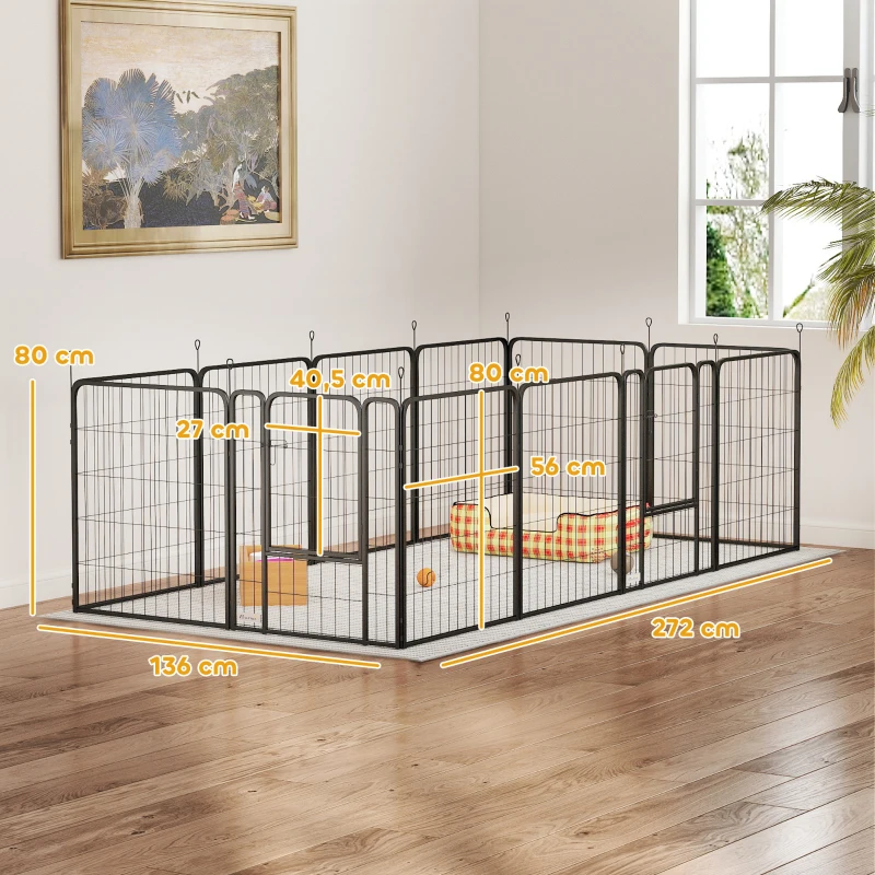 PawHut Parque para Perros de 12 Paneles 68x80 cm Corral Plegable para Perros Medianos con Puertas y Cierre Negro