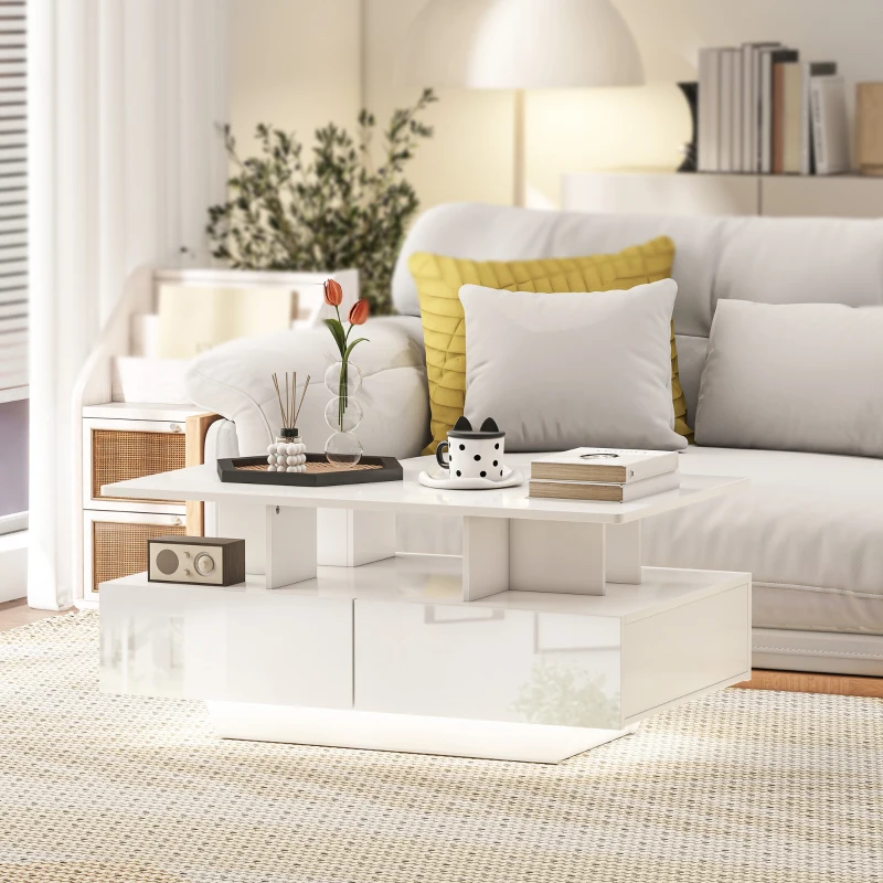 HOMCOM Mesa de Centro Moderna com LED 4 Gavetas Prateleira Aberta e Luzes LED de 16 Cores 90x55x41 cm Branco Brilhante