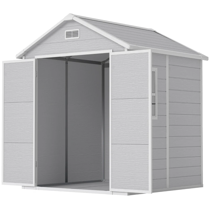 Outsunny 6 x 5ft Garden Shed, Plastic Shed with Floor, Window, Lockable Doors and Vents, Wood Effect Resin Tool Shed for Outdoor Patio, Light Grey