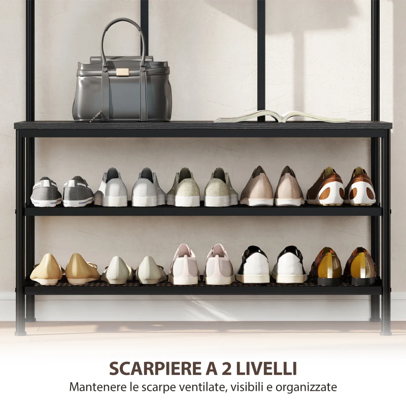 HOMCOM Appendiabiti da Ingresso 3 in 1 con 6 Ganci e Panca con Scarpiera, 91x36x180 cm, Nero