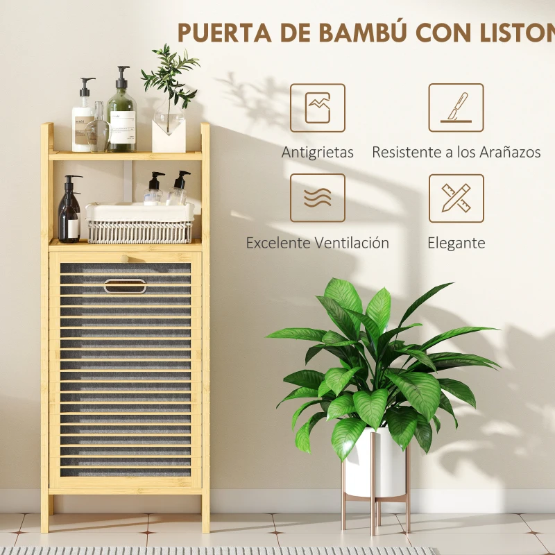 HOMCOM Armario de Baño Estrecho de Bambú con 2 Estantes Abiertos Cesto Extraíble y Diseño con Listones 40x30x95 cm Natural