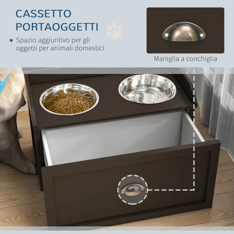 PawHut Ciotole per Cani Rialzate in Acciaio Inox e Legno con Cassetto, 60x30x36cm, Marrone