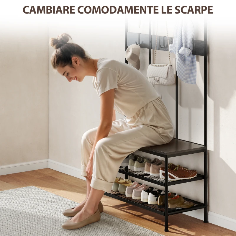 HOMCOM Appendiabiti da Ingresso 3 in 1 con 6 Ganci e Panca con Scarpiera, 91x36x180 cm, Nero
