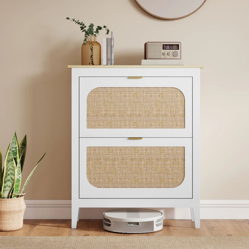 HOMCOM Sapateira Estreita com 2 Portas em Vime e Prateleiras Ajustáveis para 14 Pares de Sapatos 105x24x95,5 cm Branco