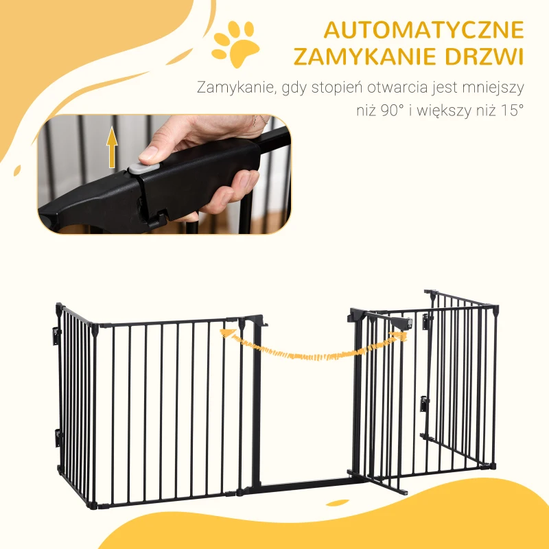 PawHut 2 w 1 Ogrodzenie dla Zwierząt Domowych, Wybieg dla Szczeniąt, Brama Bezpieczeństwa, Składany, Metal, 300 x 3 x 74,5 cm, Czarny