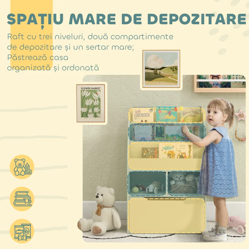 HOMCOM Bibliotecă pentru Copii cu Rafturi, Sertar și Roți, Raft pentru Jucării și Cărți, 60x29.9x90 cm, Verde