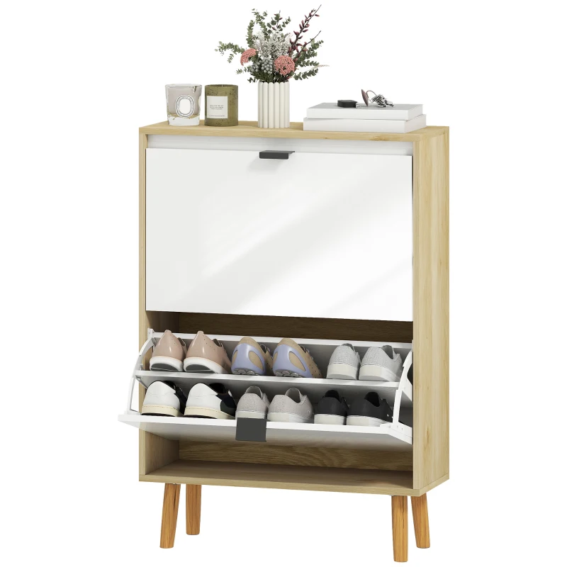 HOMCOM Scarpiere Stretto con 2 Porte in Bianco Lucido Ripiani Regolabili Gambe in Legno per 12 Paia di Scarpe