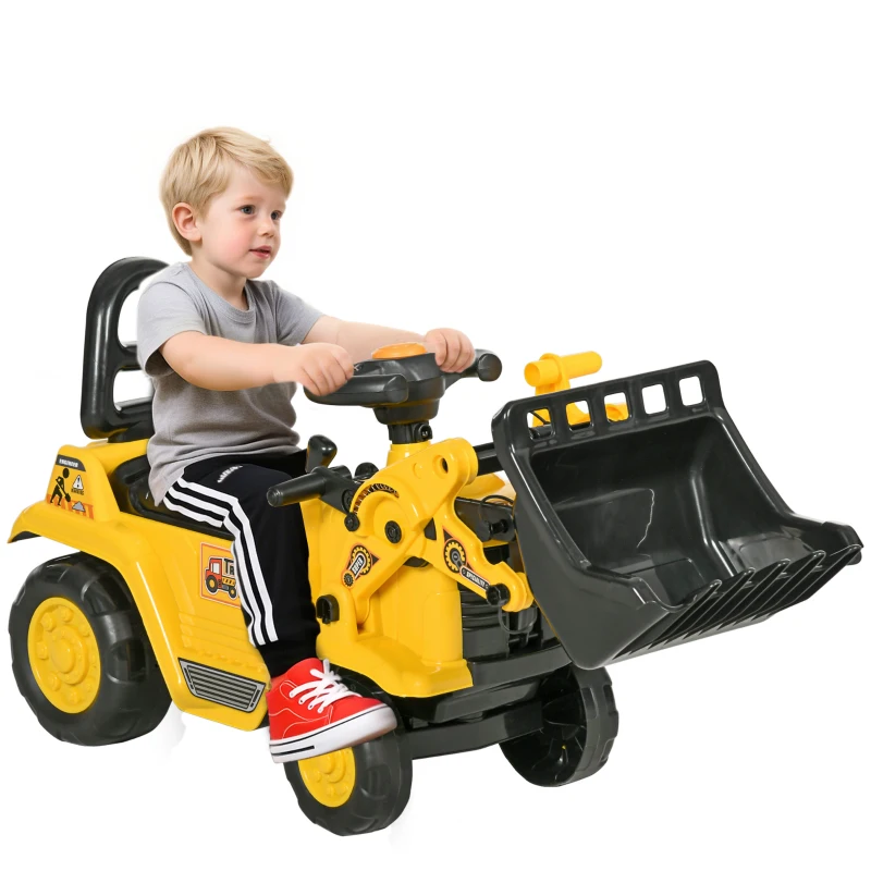 HOMCOM Excavadora para Niños de 18 a 48 Meses con Pala Delantera Bocina Volante y Compartimento Oculto 80x26,5x39 cm Amarillo