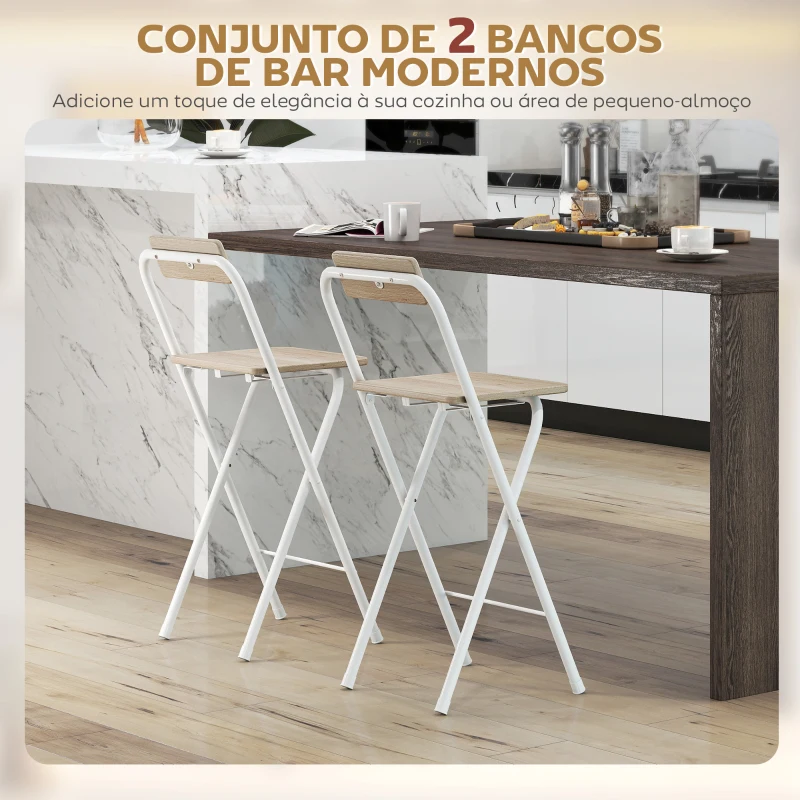 HOMCOM Conjunto de 2 Bancos de Bar Dobráveis Bancos Altos de Cozinha com Encosto Apoio para os Pés 37x45x87 cm Madeira