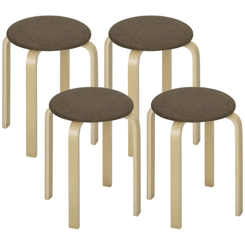 HOMCOM Juego de 4 Taburetes Redondos de Madera Apilables con Asiento Acolchado para Cocina Comedor Dormitorio Marrón