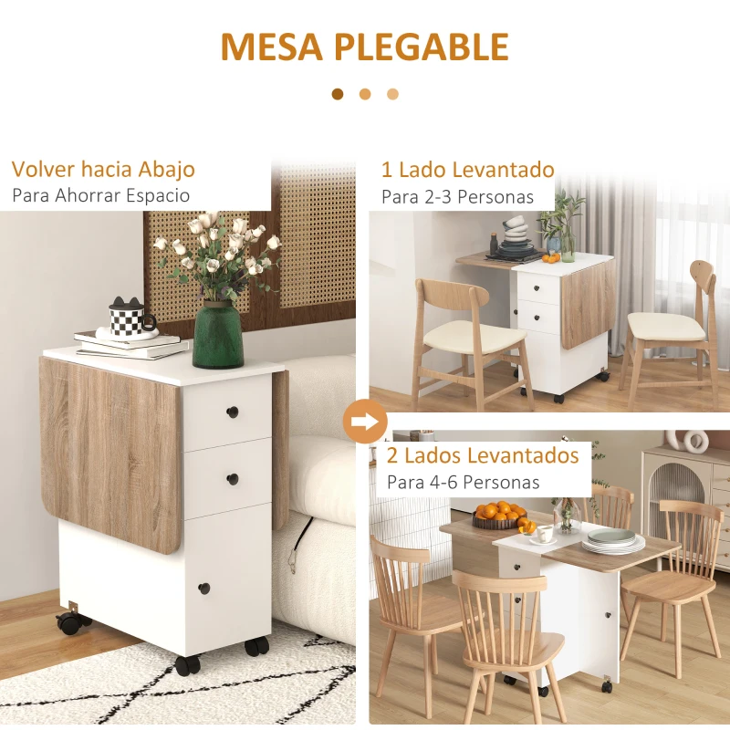 HOMCOM Mesa Plegable de Comedor con Ruedas Alas Abatibles 2 Cajones y Armario Hasta 6 Personas 120x60x76,5 cm Blanco y Natural
