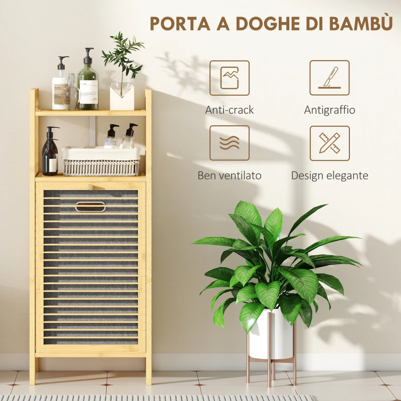 HOMCOM Mobile Bagno a Doghe con Cesto Portabiancheria e Armadietto, in Bambù e Poliestere, 40x30x95 cm, Grigio e Legno