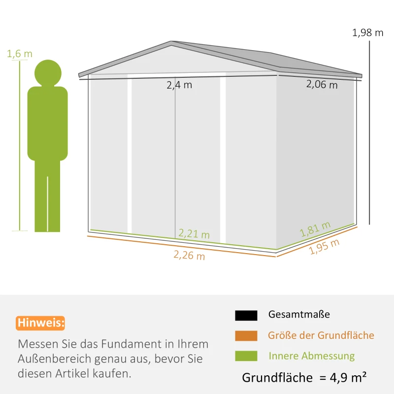 Outsunny Geräteschuppen aus Metall, wetterfest & rostfrei, abschließbar, 2,40 x 2,06 x 1,98 m, Teak(m-3)